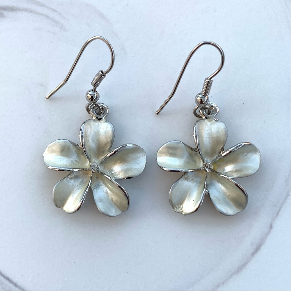 Hawaiian Plumeria Floral Silver-Tone and Crystal Dangling Earrings